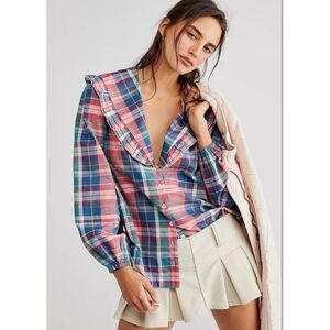 Free People Women's Molly Ruffle Top Plaid Size XS‎ NWT MSRP $128